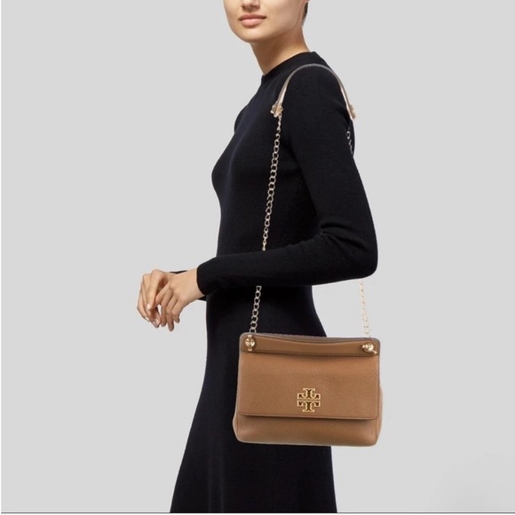 TORY BURCH Britten Flap Tan Leather Shoulder Bag Purse - Picture 13 of 13